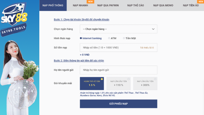 Nạp tiền Sky88 qua ngân hàng